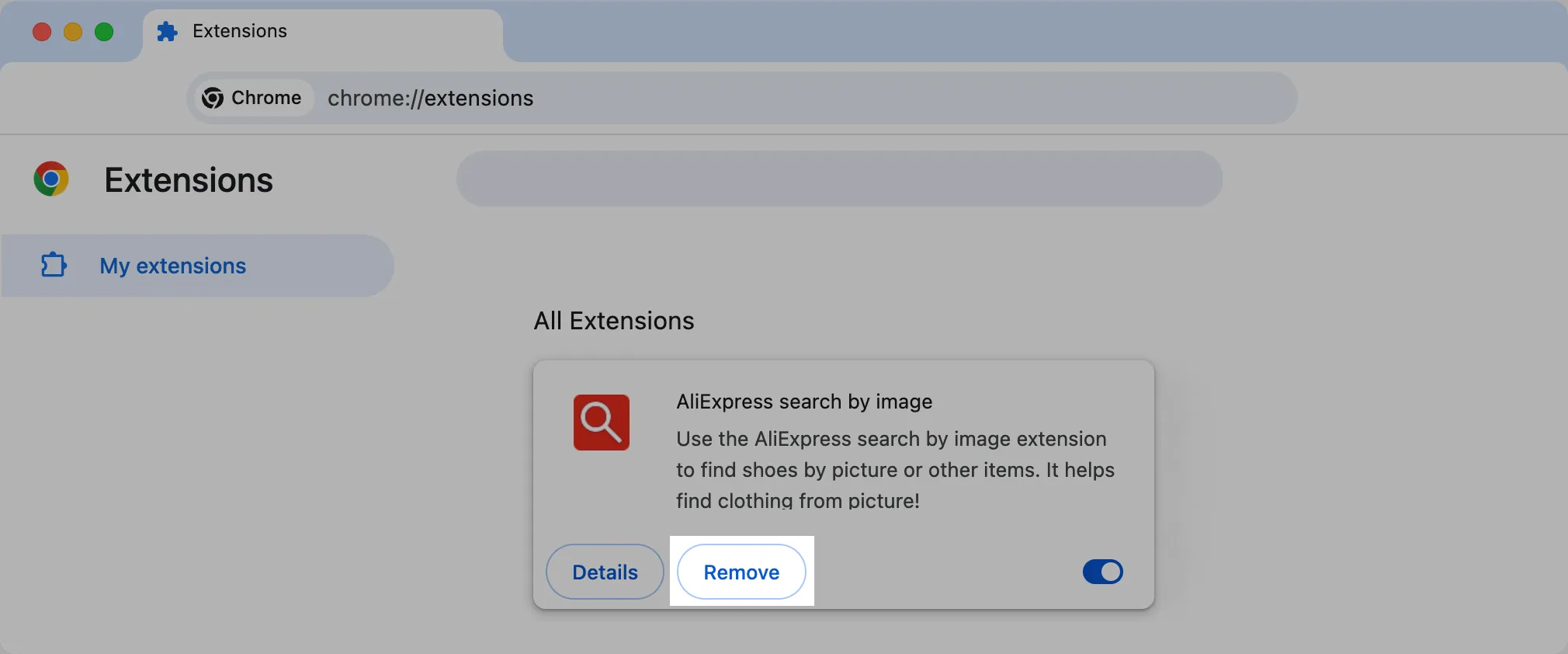 Chrome-Erweiterungsseite zeigt, wie man eine Erweiterung entfernt